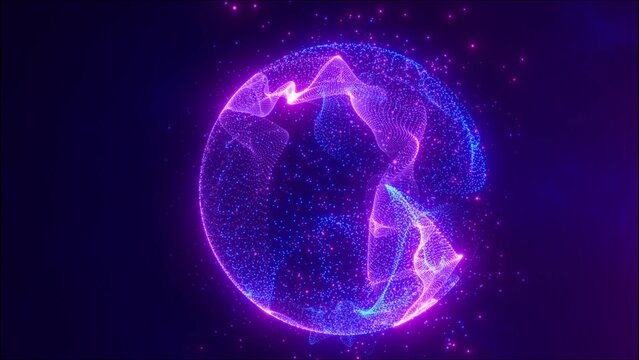 A glowing digital sphere made of neon pink and blue particles