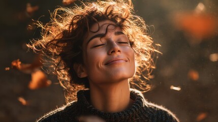 Young hispanic female enjoying autumn breeze outdoors with sunlight.