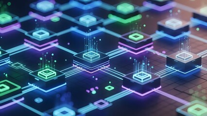 Neon lit circuit board with glowing connections