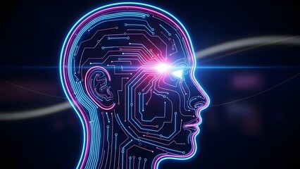 Futuristic robotic head with glowing blue and pink circuitry