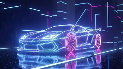 Neon lit sports car in futuristic cityscape