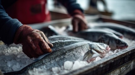 Fisherman handling fresh sea bass on ice