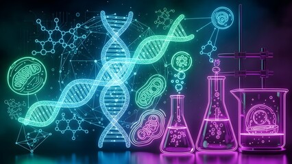 Neon lit laboratory equipment and dna structures