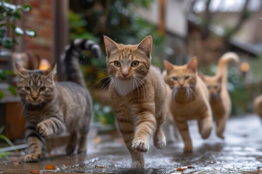Group of playful cats running together on a wet street, capturing movement, energy, and curiosity in an urban environment.