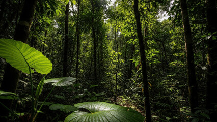 Lush Venezuelan rainforest capturing vibrant greenery and tranquility amidst towering trees in Canaima, perfect for nature-themed projects or travel promotions.