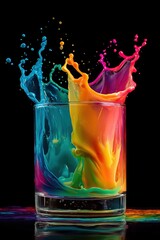 Colorful liquid splashes create patterns inside a glass container
