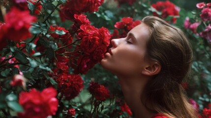 Naklejka premium Young caucasian female enjoying fragrant red roses in lush garden.