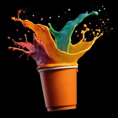 Colorful paint splash from a cup in a dark background scene
