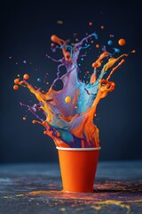 Colorful splashes of paint from a cup create a vibrant scene
