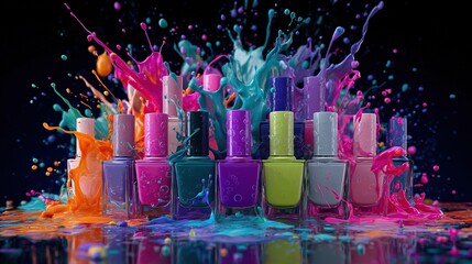 Colorful nail polish bottles with splashes of paint around them