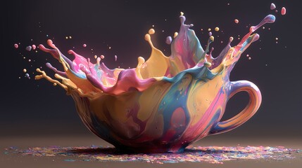 Colorful splash of paint from a cup on a dark background