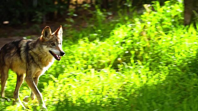 Portrait of a Mexican wolf with brown and gray fur running in a zoo