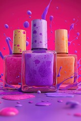 Bright nail polish bottles on a pink background
