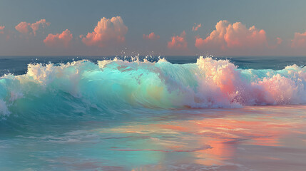 Colorful ocean wave breaking near the shore under a soft sky, surreal pastel tones blending naturally with water, calm motion and dreamy atmosphere for abstract nature concepts.