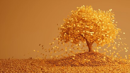 Golden tree with coins and money on a simple background