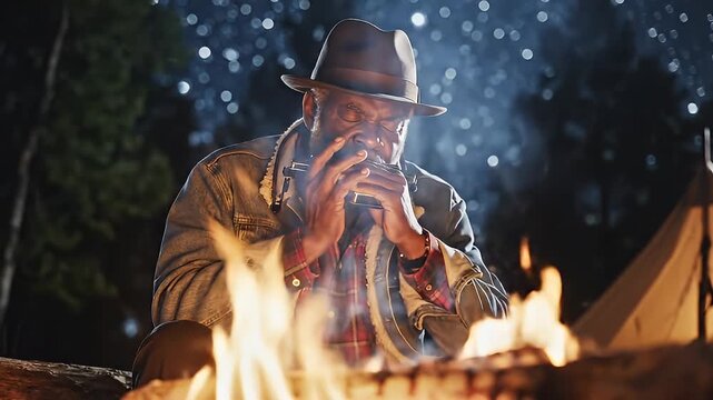 Nighttime Campfire Scene with Man Playing Harmonica.