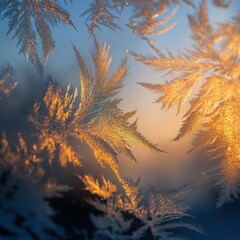 Frost patterns form on glass in morning light during winter