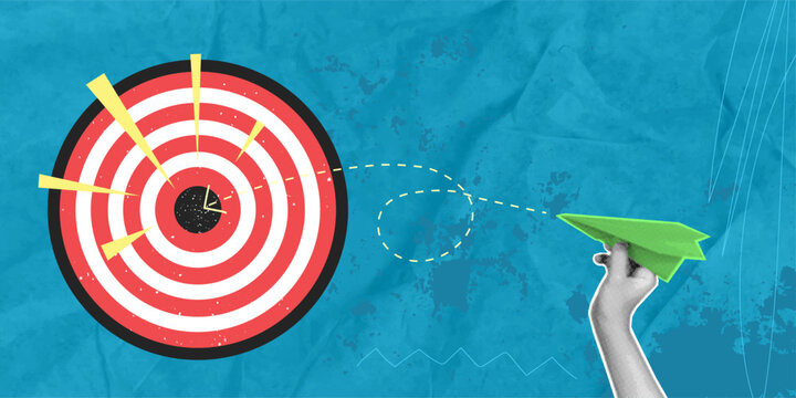 A trendy halftone collage featuring a hand holding a paper airplane aimed at a target, against a blue background with space for text. Conceptually, it evokes themes of business goal-setting, aiming, a