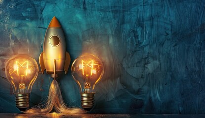 A golden rocket ship surrounded by glowing lightbulbs against an abstract, textured, dark teal background