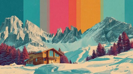 Vibrant alpine sunset with chalet and colorful sky in snowy mountains.