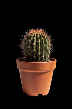 Cactus redondo con espinas en maceta de terracota, recortado, PNG con fondo transparente