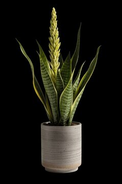 Sansevieria con espigas florales en maceta, planta recortada, PNG con fondo transparente