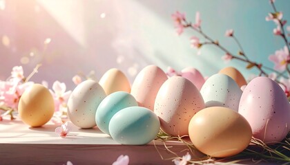 Pastel Easter Eggs: An array of pastel-colored eggs, symbolizing the arrival of spring and Easter, is artfully arranged against a backdrop of delicate blossoms and soft lighting.