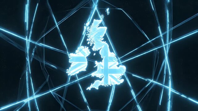 This futuristic visualization features a dynamic uk map animated with glowing blue neon lines, representing digital connectivity and technological advancement across the nation in a mesmerizing.