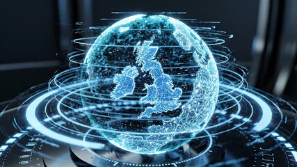 This futuristic visualization features a glowing blue digital globe showcasing a detailed uk map animated with pulsating data points and surrounded by rotating holographic rings, symbolizing global. - Powered by Adobe
