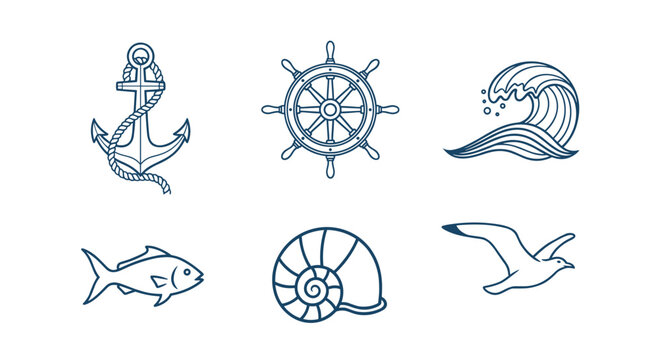Nautical icons including anchor ship wheel wave fish snail and seagull