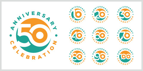 Collection of anniversary circle round logo design. Celebration day special vector icon, creative number 10 to 100 symbol graphics