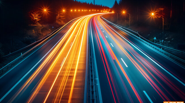 A cyber-inspired photo of the afterimage of lights on a midnight highway