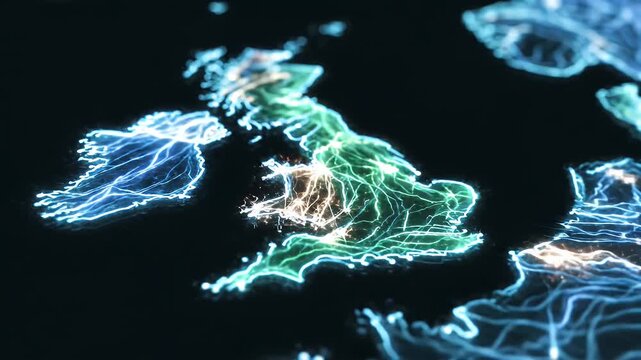 A dynamic and futuristic uk map animated visualization shows glowing blue and cyan energy lines forming the geographic boundaries of Great Britain and Ireland, representing digital connectivity.