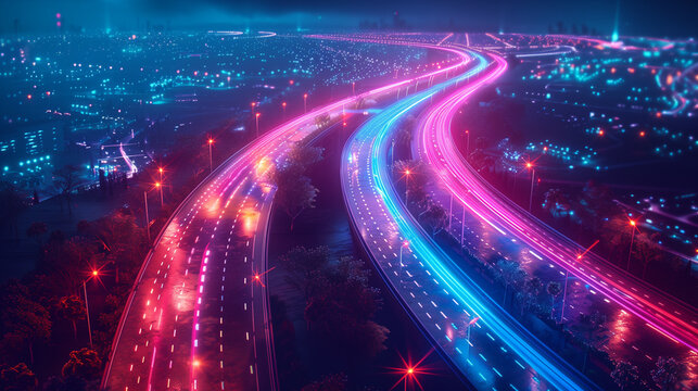 A cyber-inspired photo of the afterimage of lights on a midnight highway