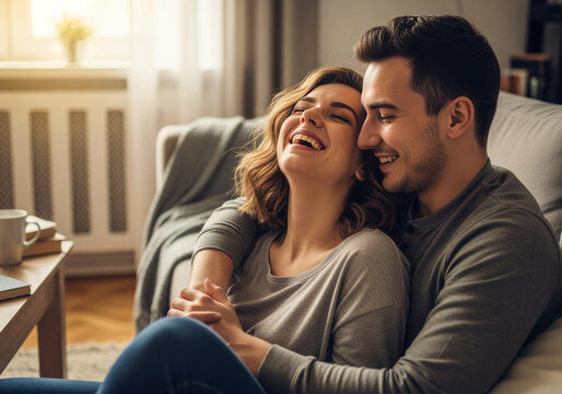 Pareja joven sentada en el suelo o sof&aacute;, riendo de forma natural. Ambiente dom&eacute;stico, luz c&aacute;lida. Sensaci&oacute;n de intimidad y alegr&iacute;a cotidiana.