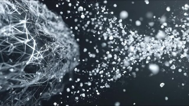 Abstract white 3D wireframe mesh disintegrating into debris particles and rocks on black background