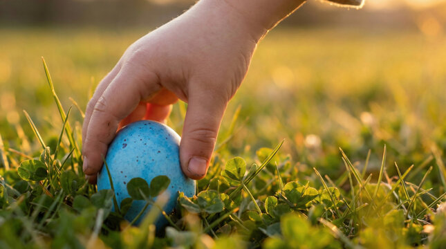 Child's hand picking up a blue speckled easter egg from grass