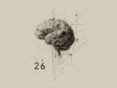 Abstract human brain digital artwork with geometric wireframe lines, numbers, and data points on minimal beige background