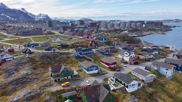 GREENLAND - 11.4.2025 - Wonderful aerial panorama of Nuuk, Greenland with snow-capped mountains in the background.