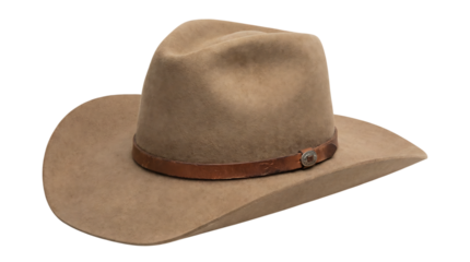A classic beige cowboy hat with a brown leather band, perfect for outdoor adventures and western style