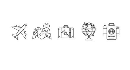 Travel icons set with airplane, map, luggage and globe
