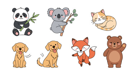 Obraz premium Cute cartoon animals including panda koala cat dog fox and bear