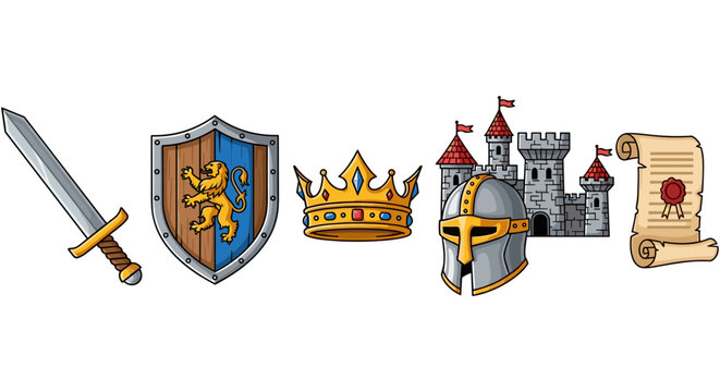 Medieval icons including sword shield crown castle helmet and scroll