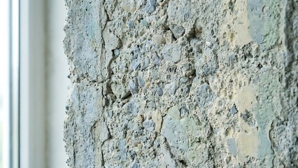 Obraz premium Close-up of a rough textured concrete wall with a window in the background