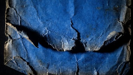 Close-up of a cracked blue surface with rough edges and dark background