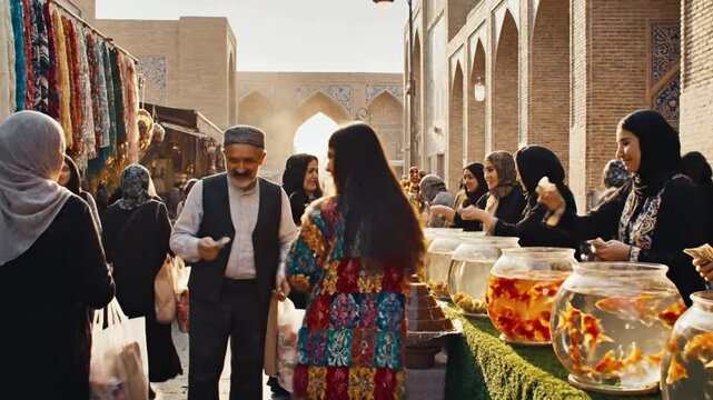 Street Vendors Selling Colorful Nowruz Decorations in a Lively Morning Street Scene