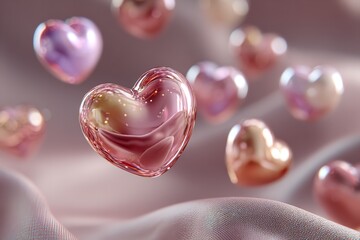 Fototapeta premium Beautiful pink hearts floating on soft fabric background