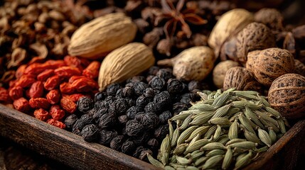 A rustic wooden tray filled with a vibrant assortment of dried botanicals and whole spices, including crimson goji berries, dark peppercorns, green cardamom pods, whole nutmeg,