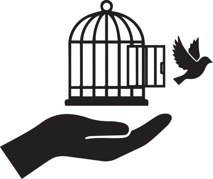  silhouette vector icon of a bird flying out of an open cage or open hand on white background