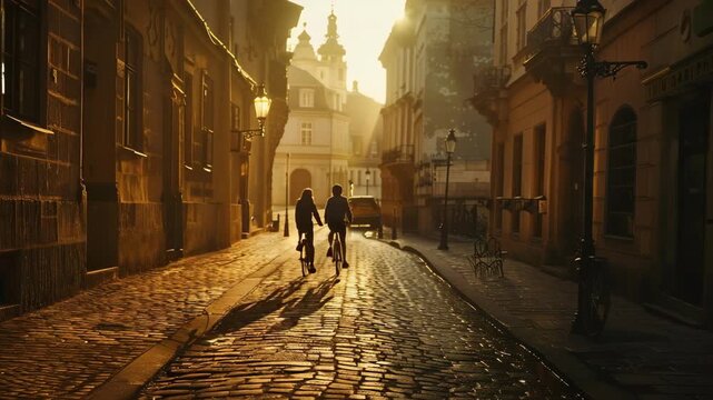 Couple riding bicycles on old european street at sunset